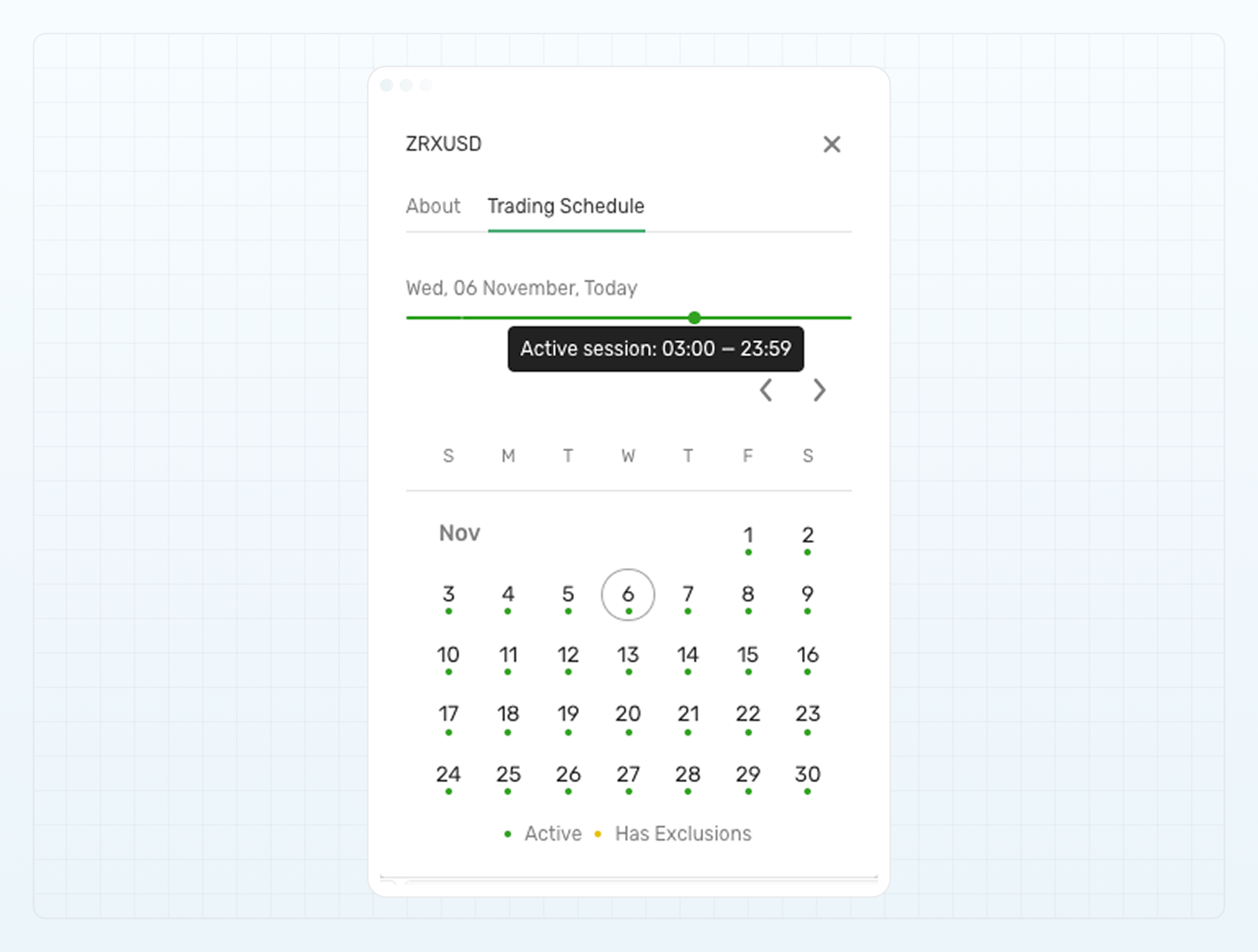 Trading schedule in the Trading terminal